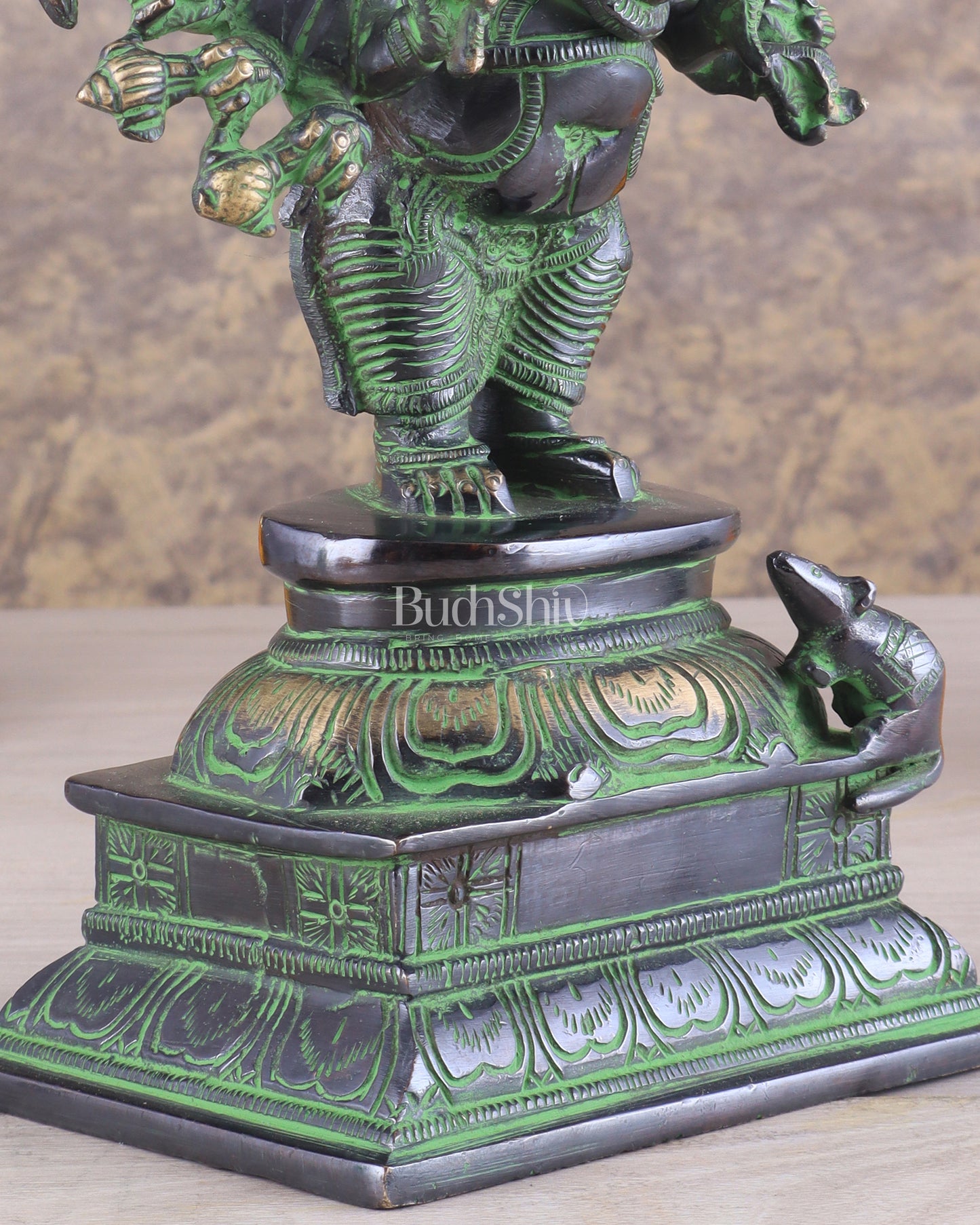 Brass Standing Lord Ganesha Idol with 16 Arms - 8.5 Inch black and green patina tone