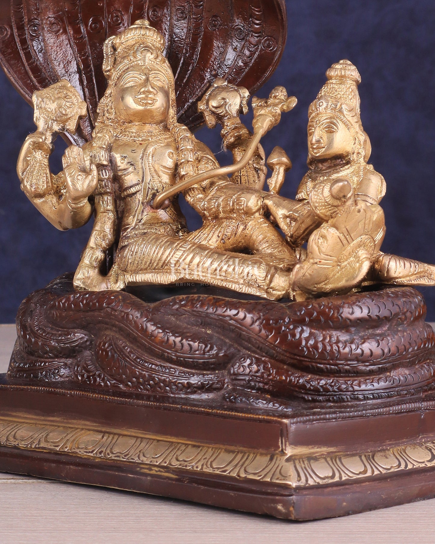 Pure Brass Resting Vishnu Lakshmi on Sheshanaag Idol - Dual Tone