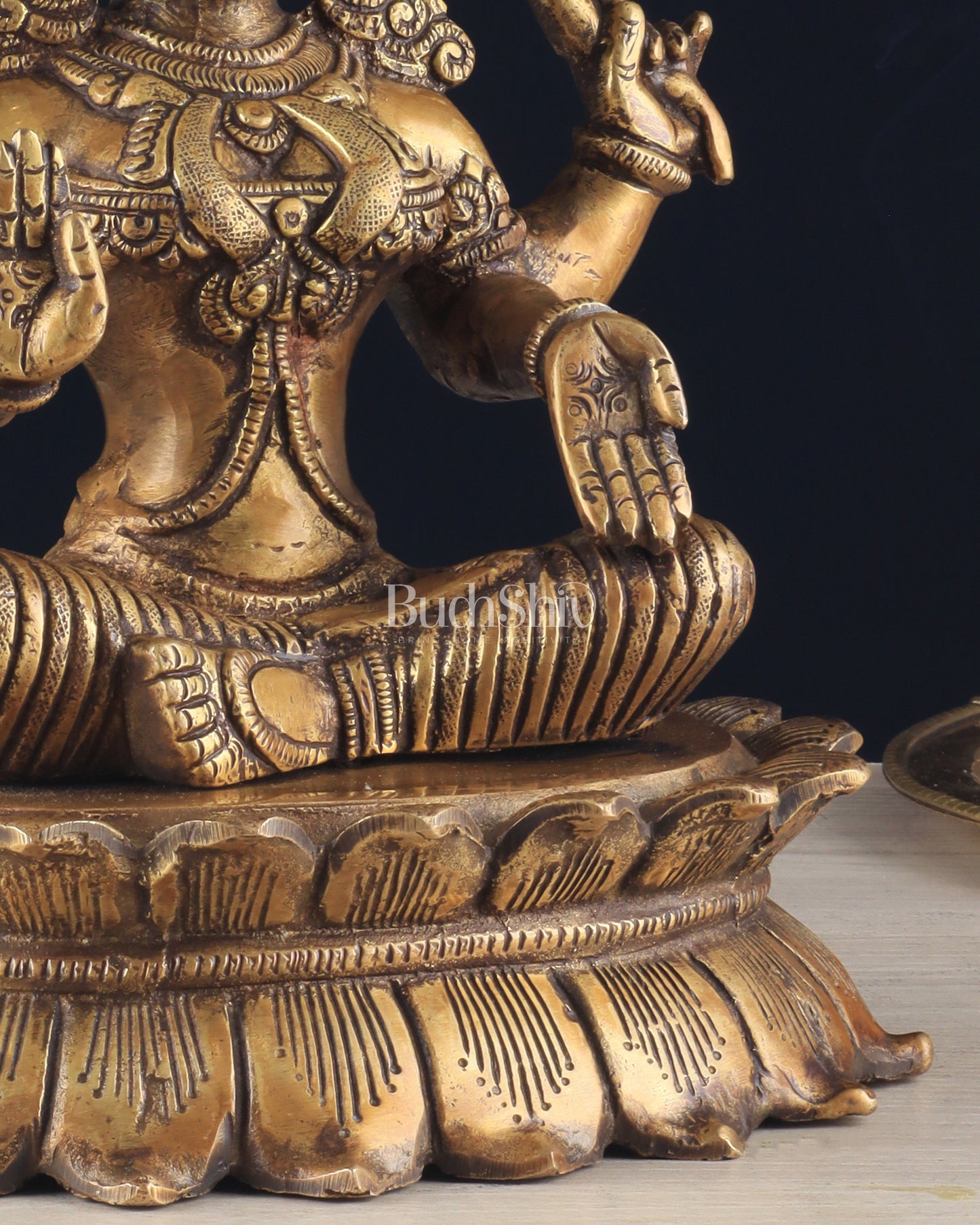 Brass Lotus Lakshmi Statue - Dull Gold Finish 12"