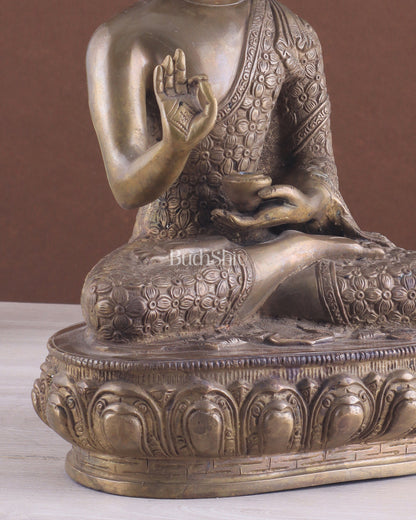 Pure Brass Antique Buddha Blessing Statue - 13.5" thick Copper tone