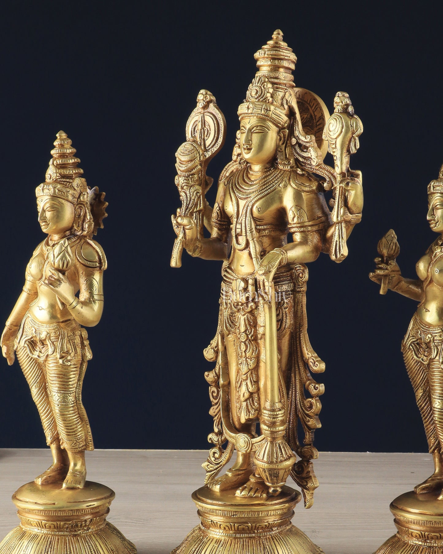 Brass Lord Vishnu with Bhudevi and Sridevi Statues – Intricate Sculptures, 13"