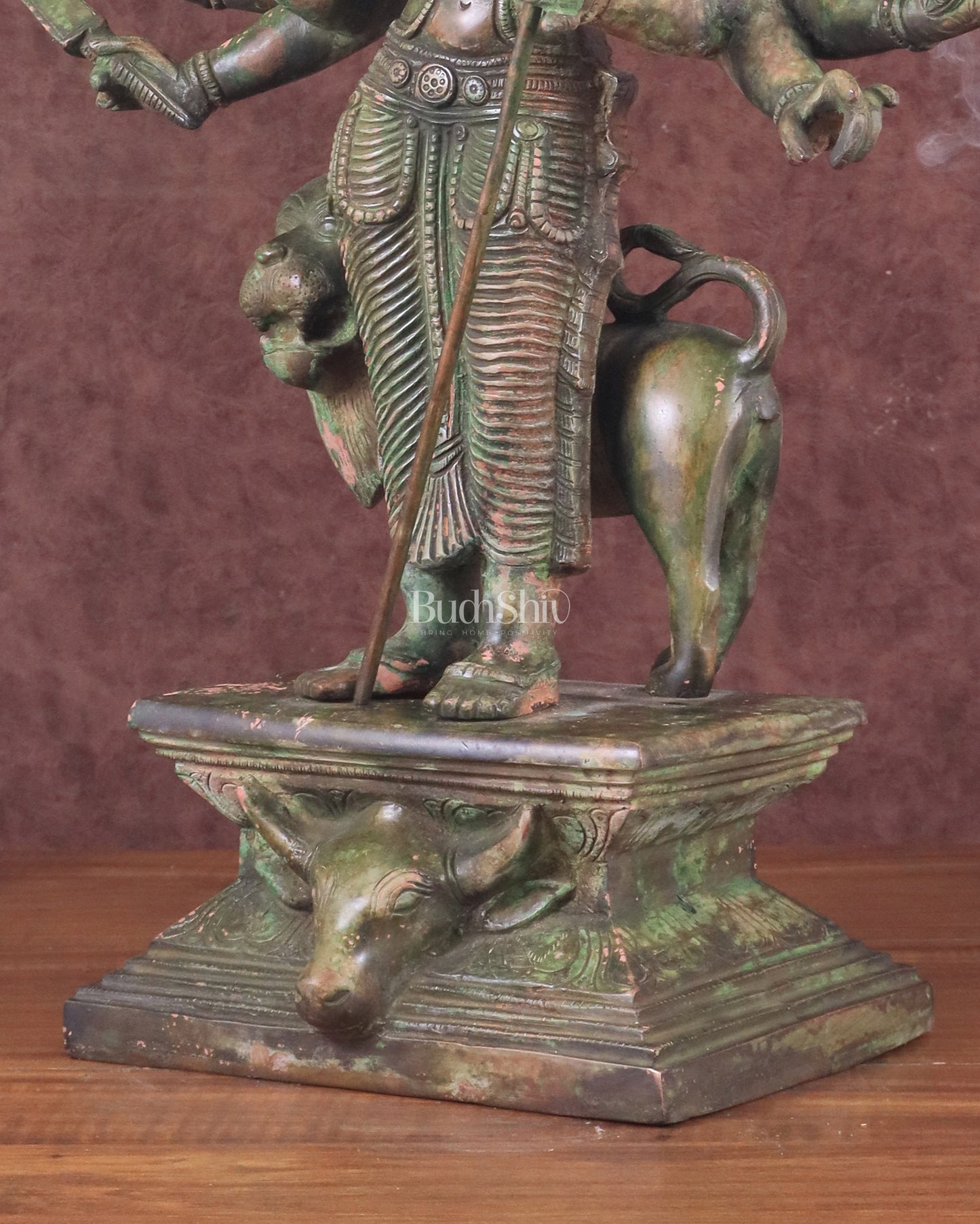 Standing Durga Brass idol with lion 18 inch green