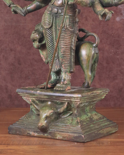 Standing Durga Brass idol with lion 18 inch green