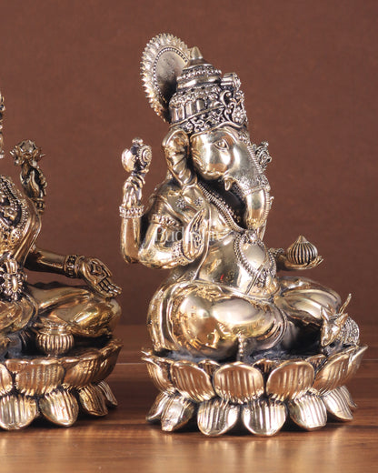 Intricate Brass Ganesha Lakshmi on Lotus – 8.5" x 5.5" x 4.5"