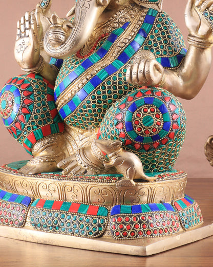 Brass Ganapati Idol Glossy – Handcrafted with Right-Side Trunk, 16" meenakari