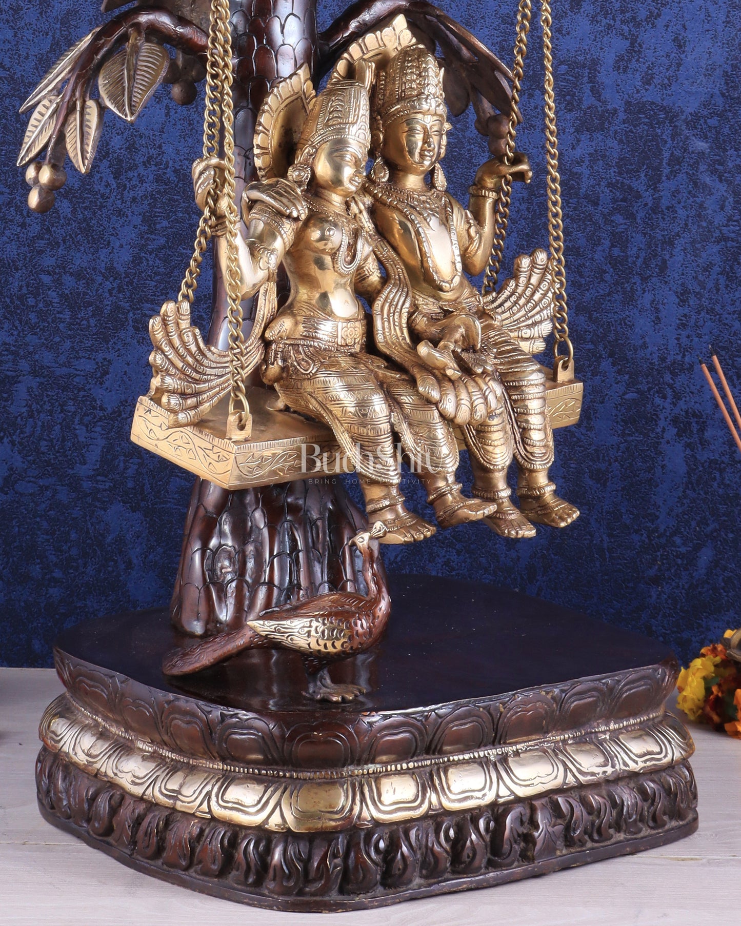 3-Foot Brass Radha Krishna Swing with Kalpavriksha and Peacock Motifs in Brown-Gold Finish