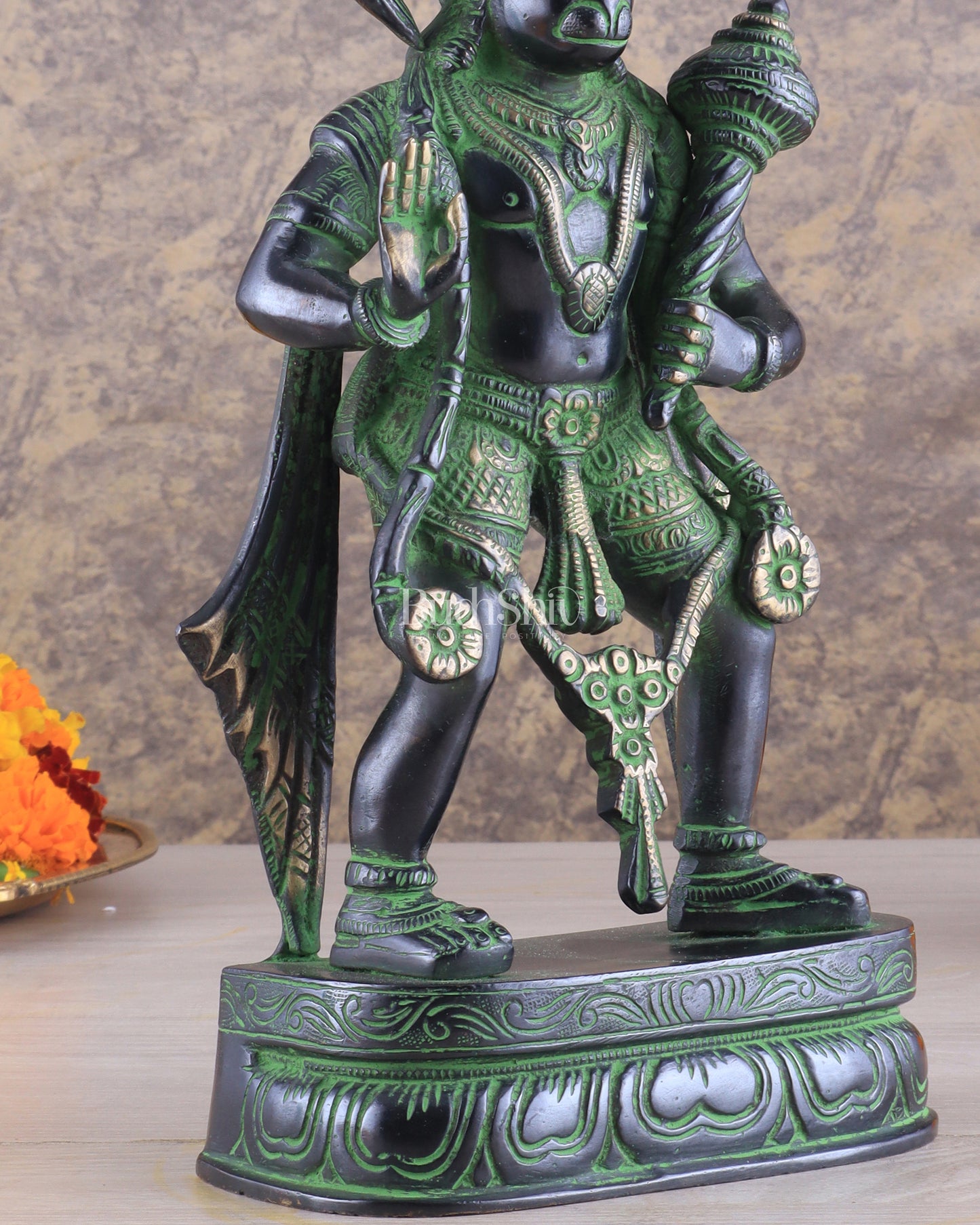 Pure Brass Standing Lord Hanuman Statue with Black and Green Tone 11 inch