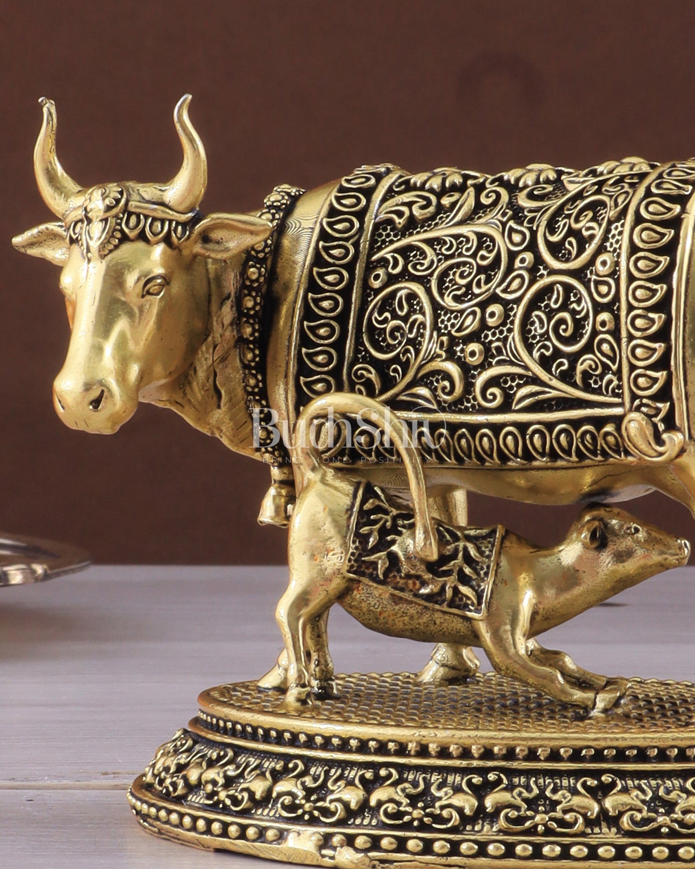 Intricate Brass antique Small Kamdhenu Cow with Calf Idol - 3.5-inch golden tone