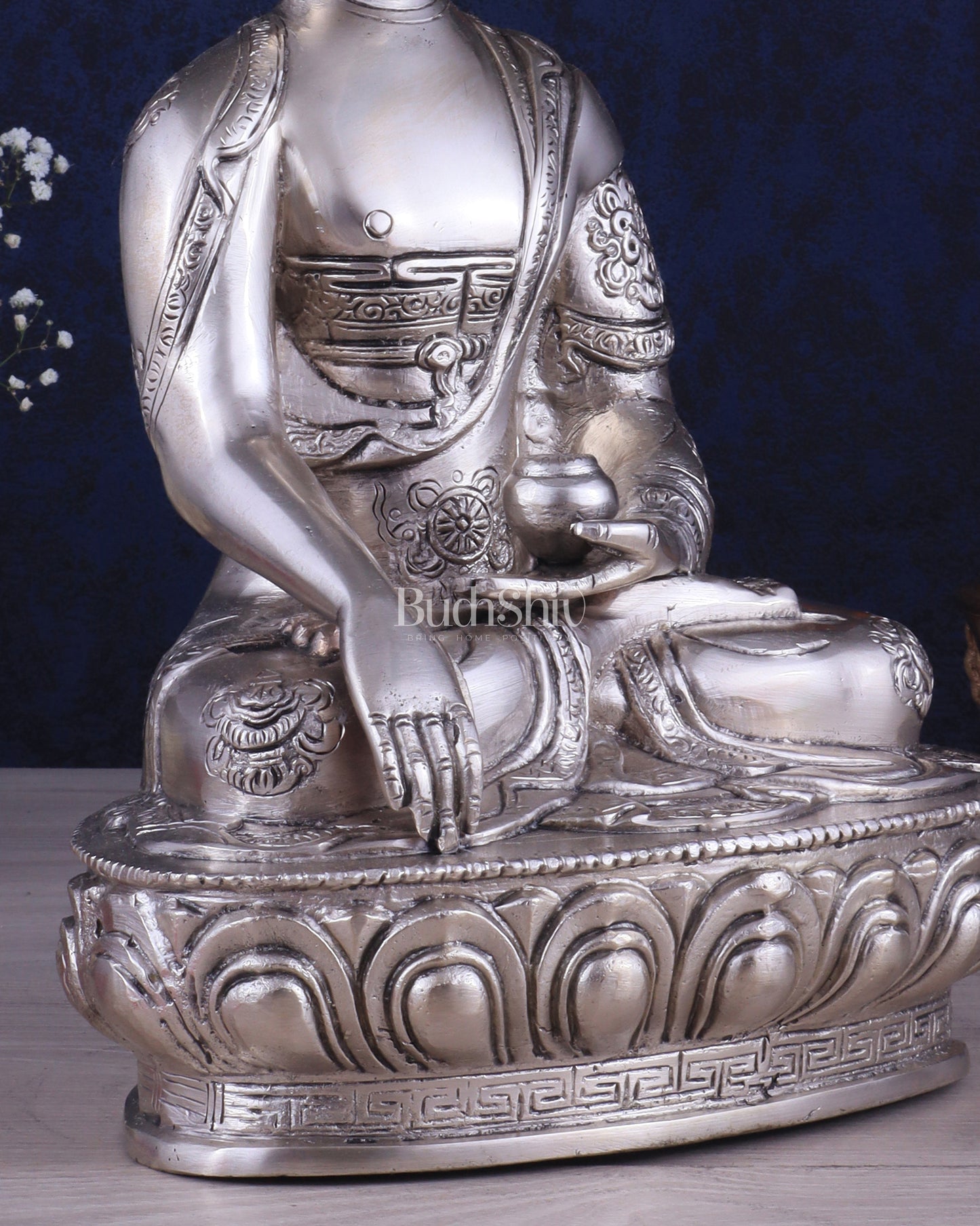 Pure Brass Blessing Buddha Statue - Silver plated , 12.5" Height