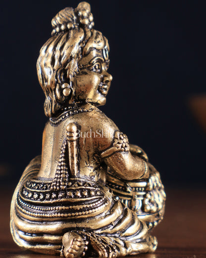 Brass Superfine Small Matki Krishna Makhanchor Idol Miniature | 2.7"