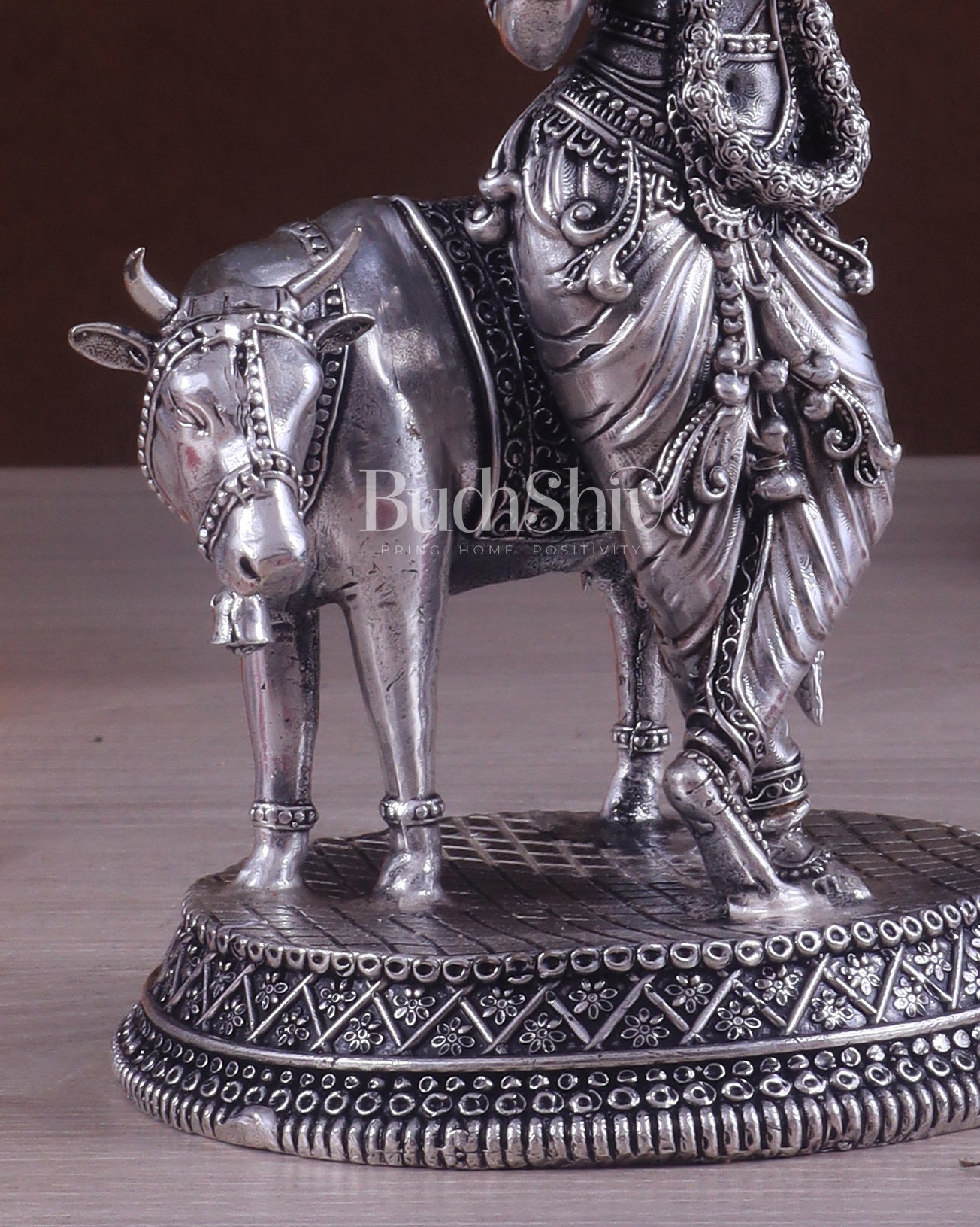 Superfine Brass Intricate Krishna with Cow idol - 7" silver plated