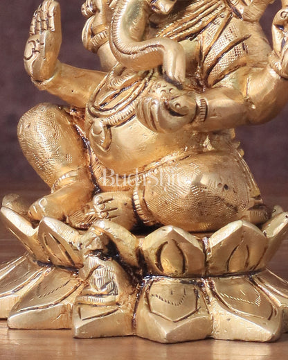 Pure Brass Ganesha in Lotus Base Idol - 5.5"