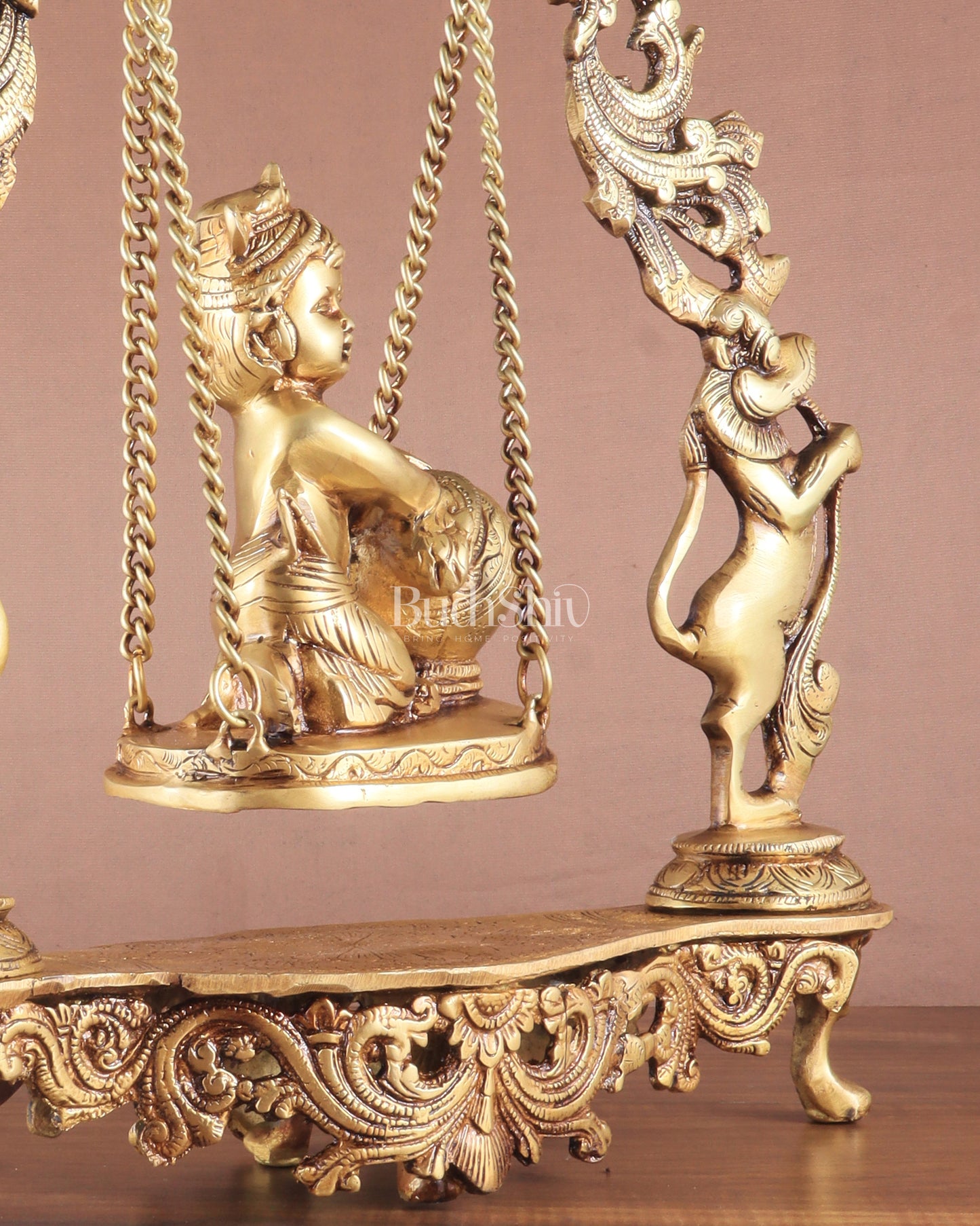 Pure Brass Baby Krishna as Bal Gopal Makhan Chor on an Elegant Kirtimukha Swing 18"