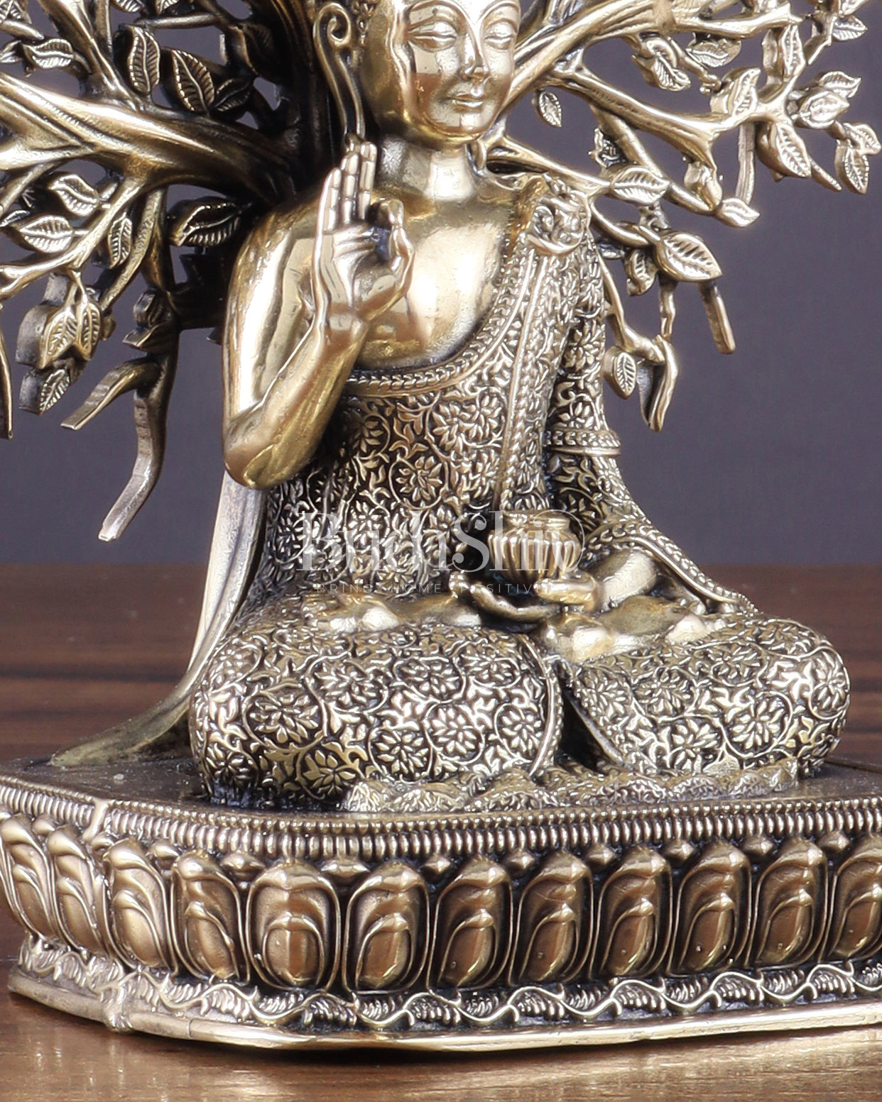 Intricate Superfine Brass Lord Buddha with Bodhi Tree Idol 6.5"