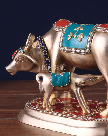 Pure Brass Kamdhenu Cow with Calf Statue - Meenakari Stonework, 8"