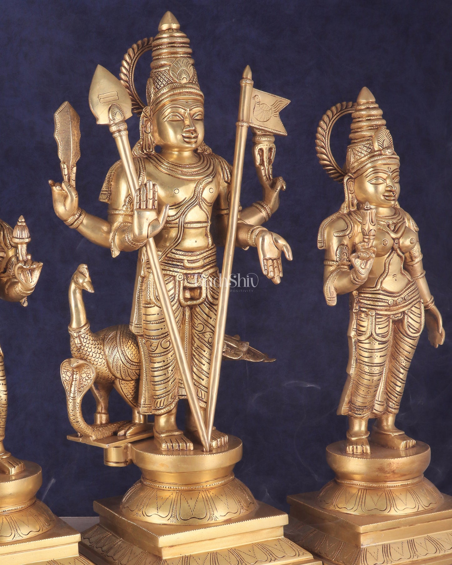 Pure Brass Large Murugan Statue with Valli and Devayani | Divine Trio 25"