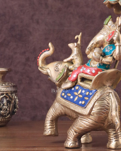 Lord Ganesha sitting on elephant meenakari brass statue