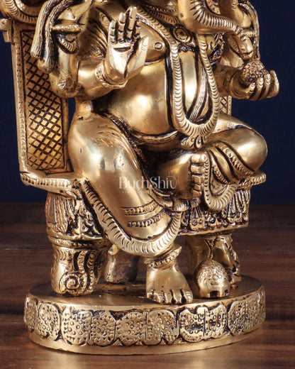 Pure Brass Lord Ganesha Seated on a Throne Statue 10"