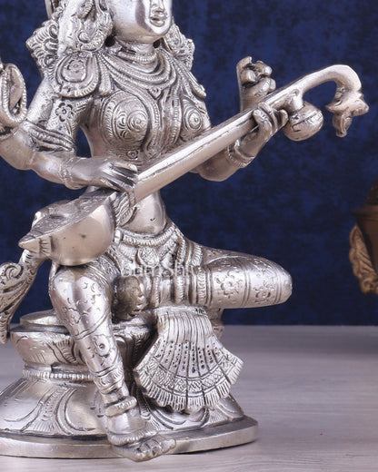 Pure Brass Silver-Plated Goddess Saraswati Idol 8"