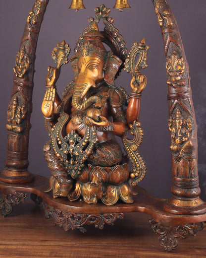 Majestic Brass Vintage Lord Ganesha Sculpture with Engraved Pillars - 35 Inch