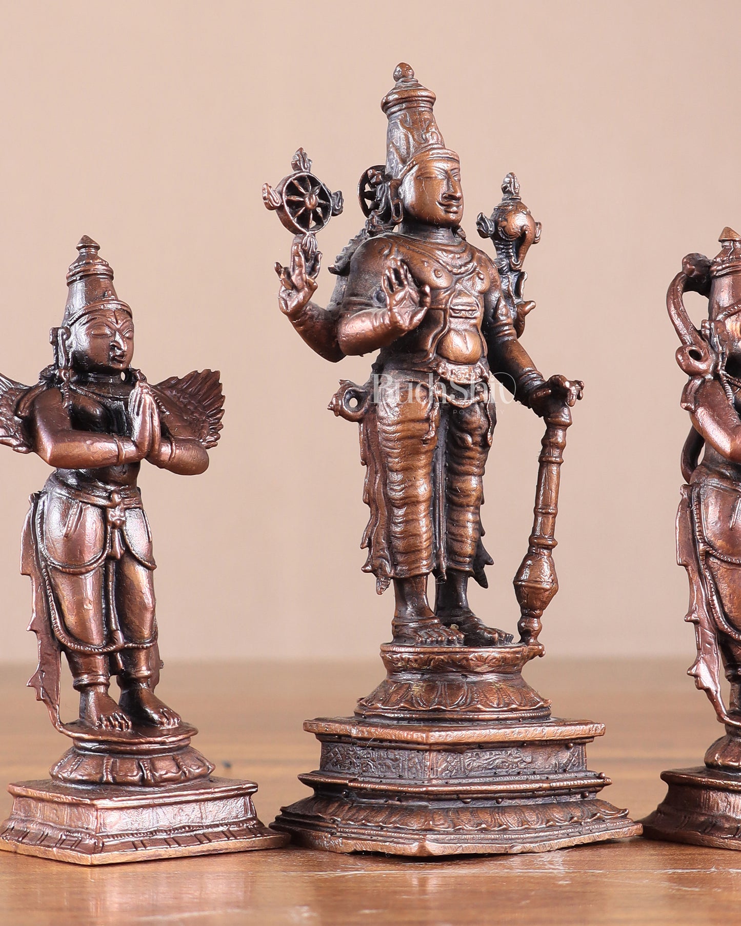 Pure Copper Lord Vishnu with Hanuman & Garuda Idol Set 5.5"