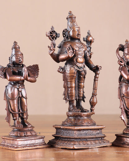 Pure Copper Lord Vishnu with Hanuman & Garuda Idol Set 5.5"