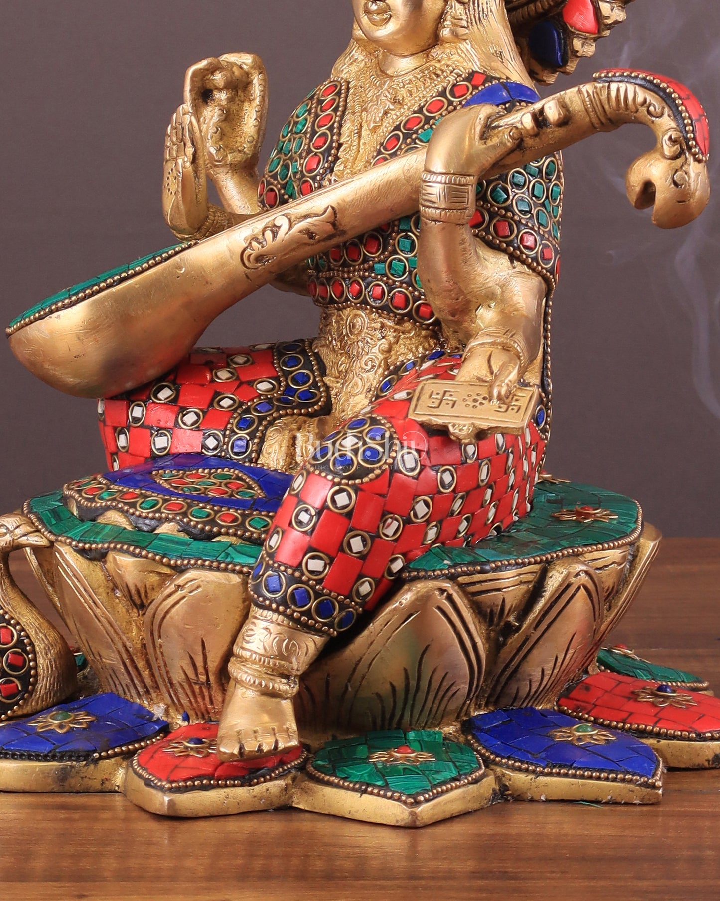 Brass Goddess Saraswati Sitting on Lotus with Swan | 11 Inch meenakari