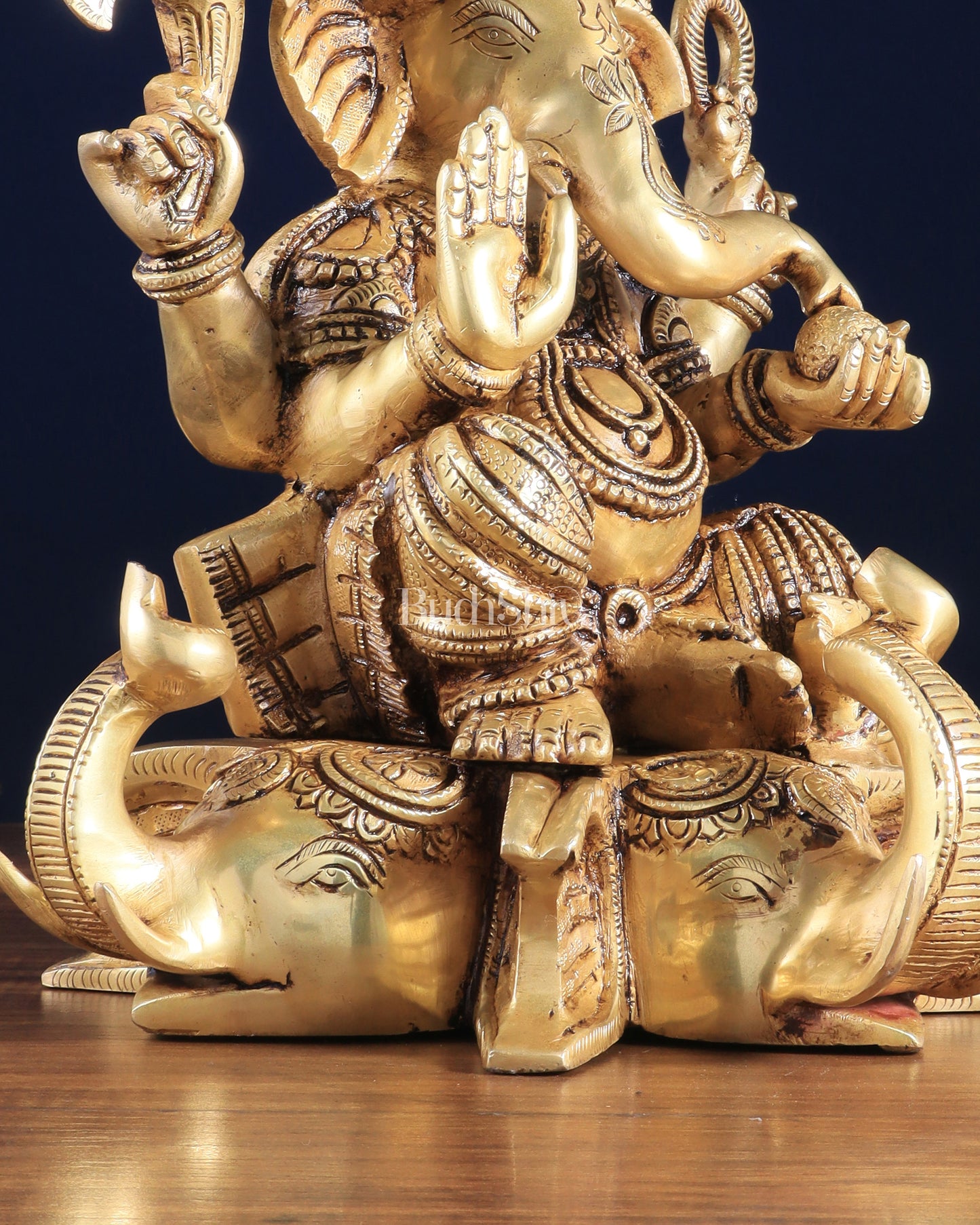 Royal Brass Lord Ganesha on Elephant Heads Aasan – 12.5" x 10" x 9" | Majestic Sculpture