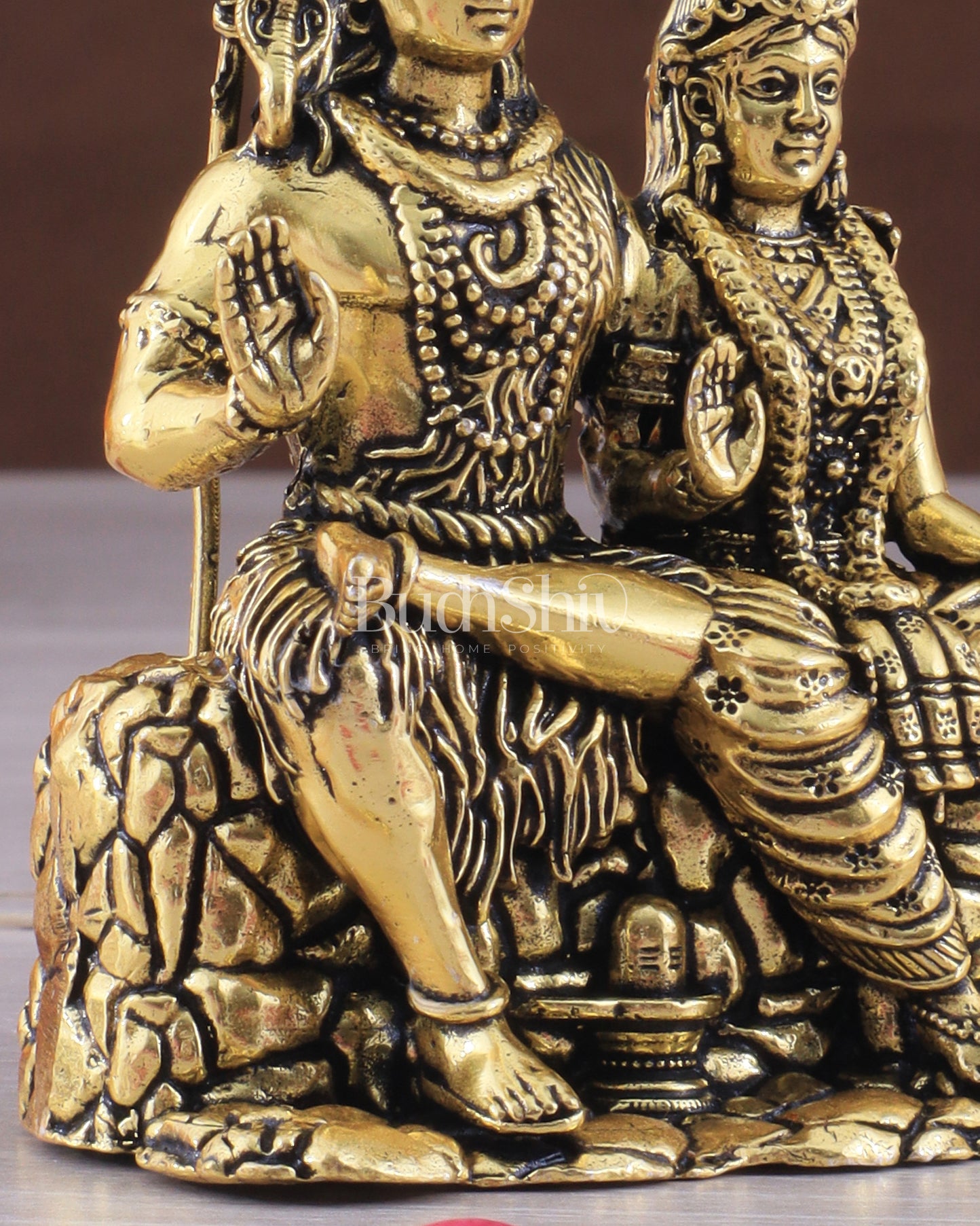 Pure Brass Superfine Intricate Shiv Parvati Idol - 5" Tall golden tone