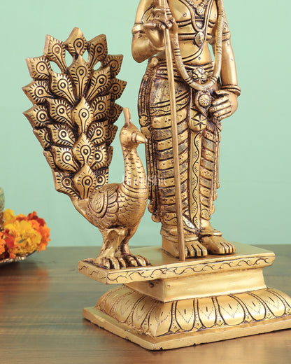 Exquisite Brass Superfine Lord Murugan with Peacock Statue - 16 Inches Tall