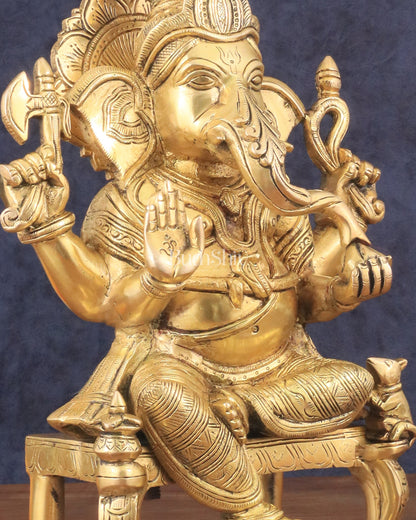 Exquisite Brass Lord Ganesha Seated on Throne Statue - 12" Tall