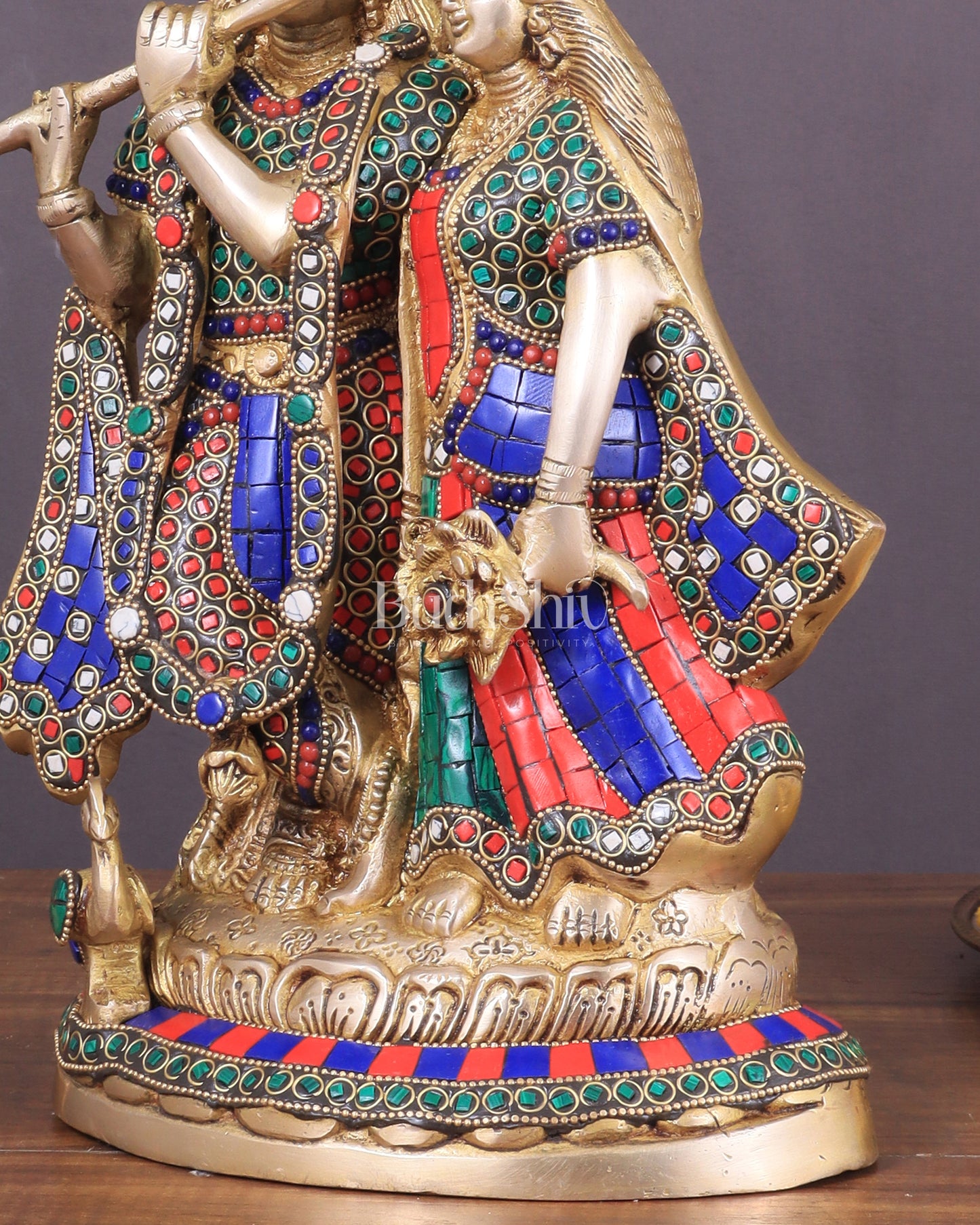 Brass Superfine Radha Krishna together idol - 12 inches with stonework