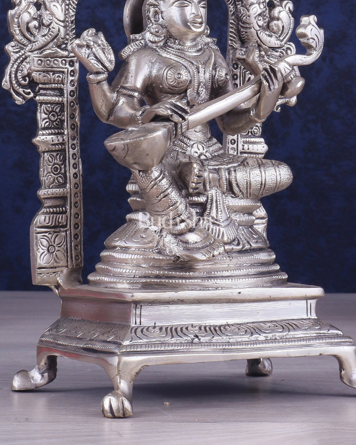 Pure Brass Goddess Saraswati Seated on a Throne – Silver Plated Idol 8.2"