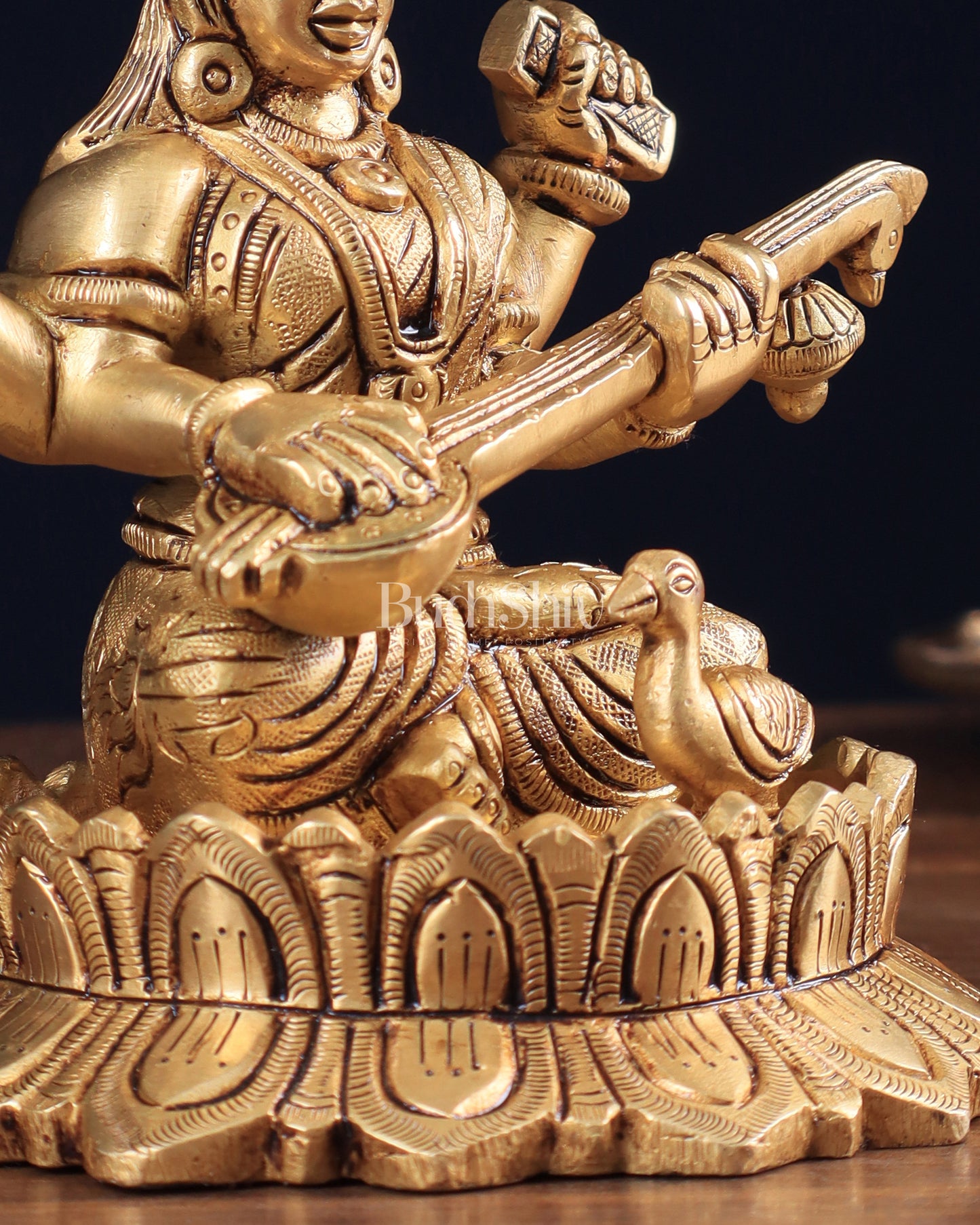 Brass Superfine Saraswati on Lotus Idol | 5.5" Height