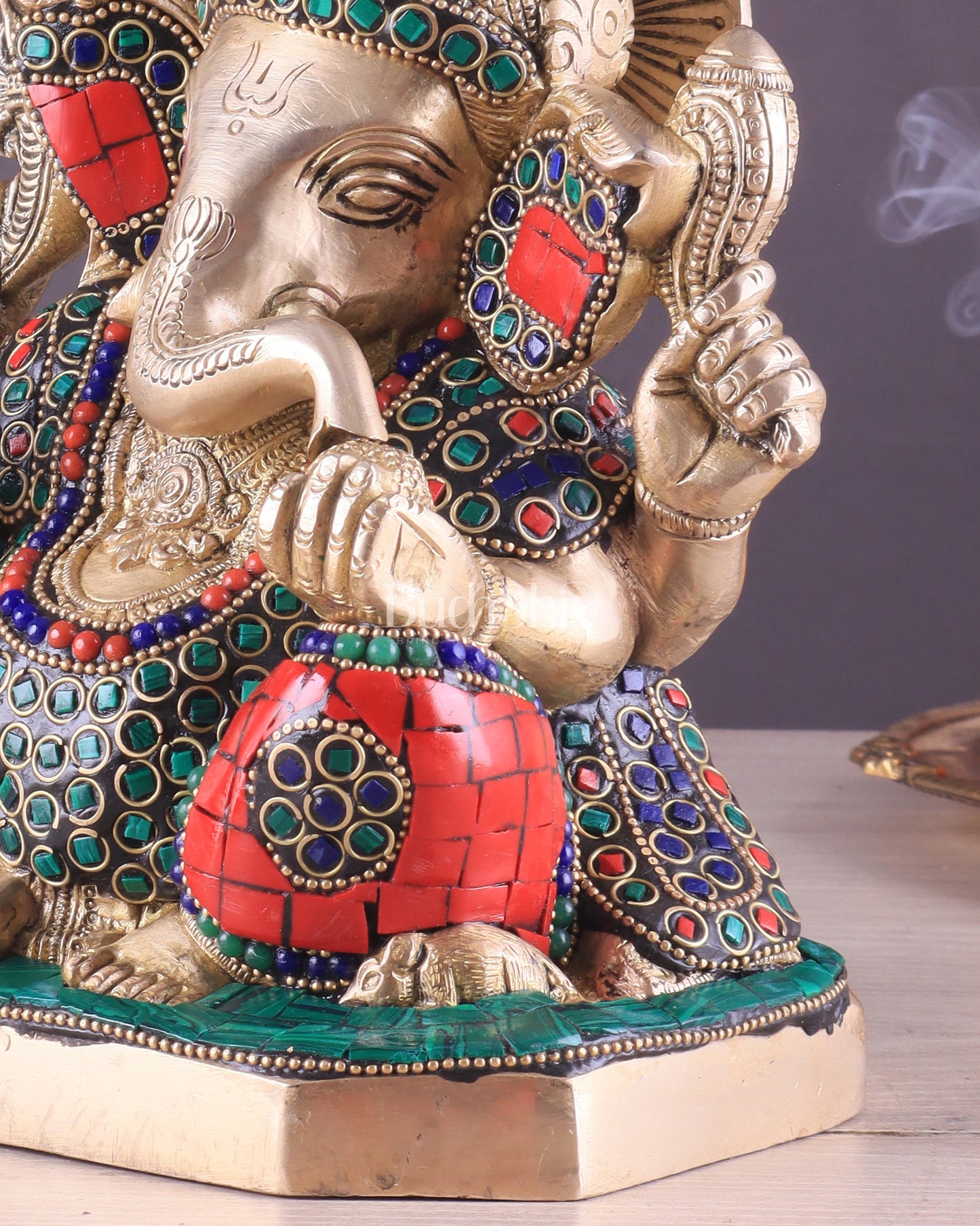 Pure Brass Ganesha Statue with Stonework – 7.5 Inch Elegant Design