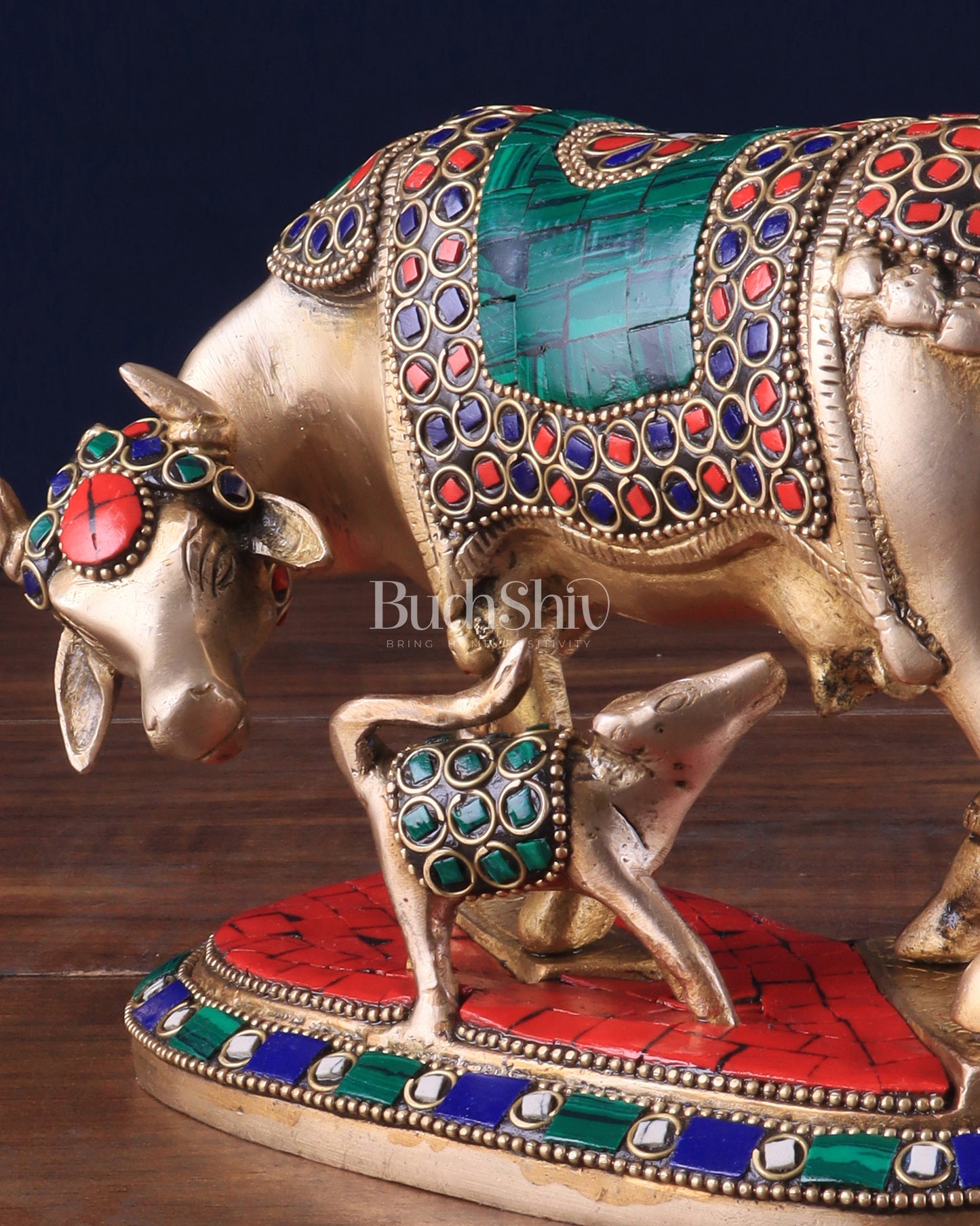 Handcrafted Brass Kamdhenu Cow with Calf Statue 9"