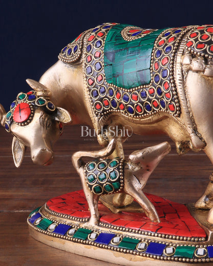 Handcrafted Brass Kamdhenu Cow with Calf Statue 9"