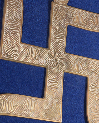 Pure Brass Wall Hanging Swastik with Lotus Carvings