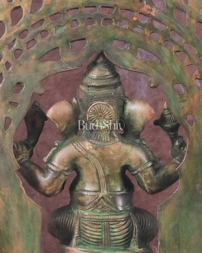 Pure Brass Vintage Lord Vinayaka (Ganesha) with Prabhavali - Green Patina, 15.5"