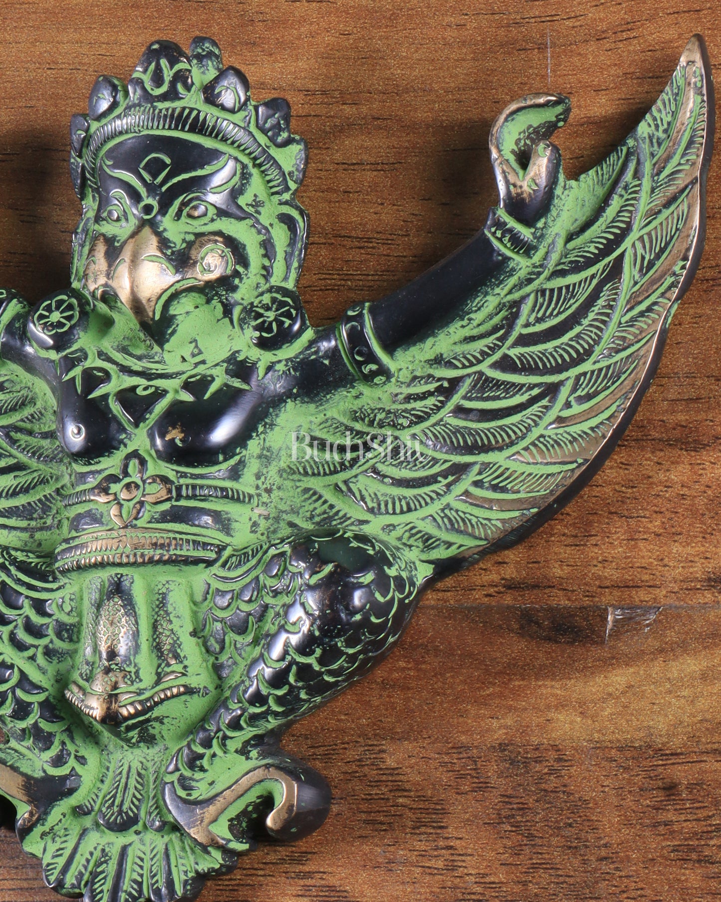 Unique Brass Wall Hanging Flying Garuda Idol 5" black and green