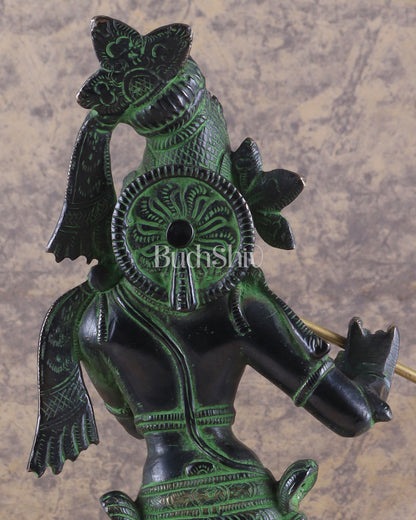 Brass Superfine Lord Krishna with Unique Crown Idol | Height: 14.5 inch black and green patina