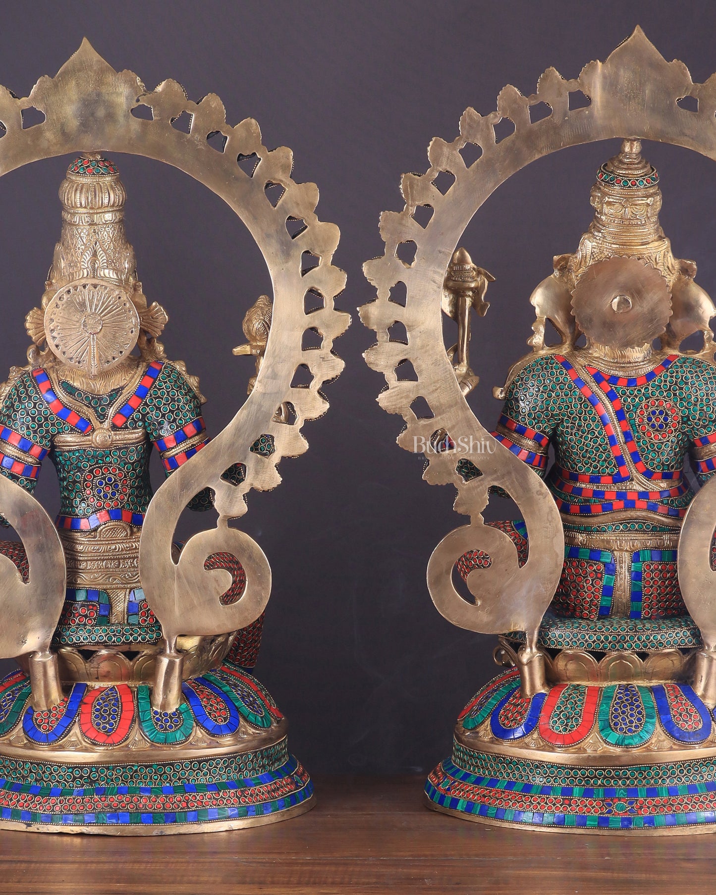 Pure Brass Ganesh Lakshmi Idol Pair with Meenakari Stonework – 27"