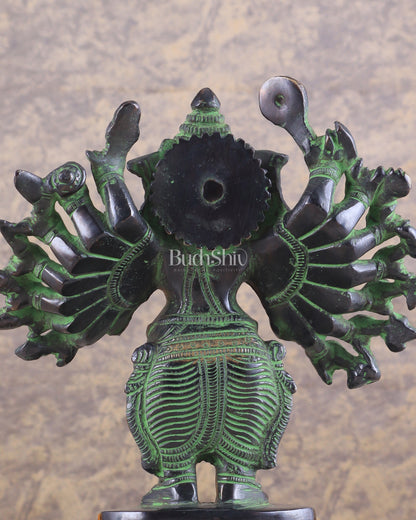 Brass Standing Lord Ganesha Idol with 16 Arms - 8.5 Inch black and green patina tone