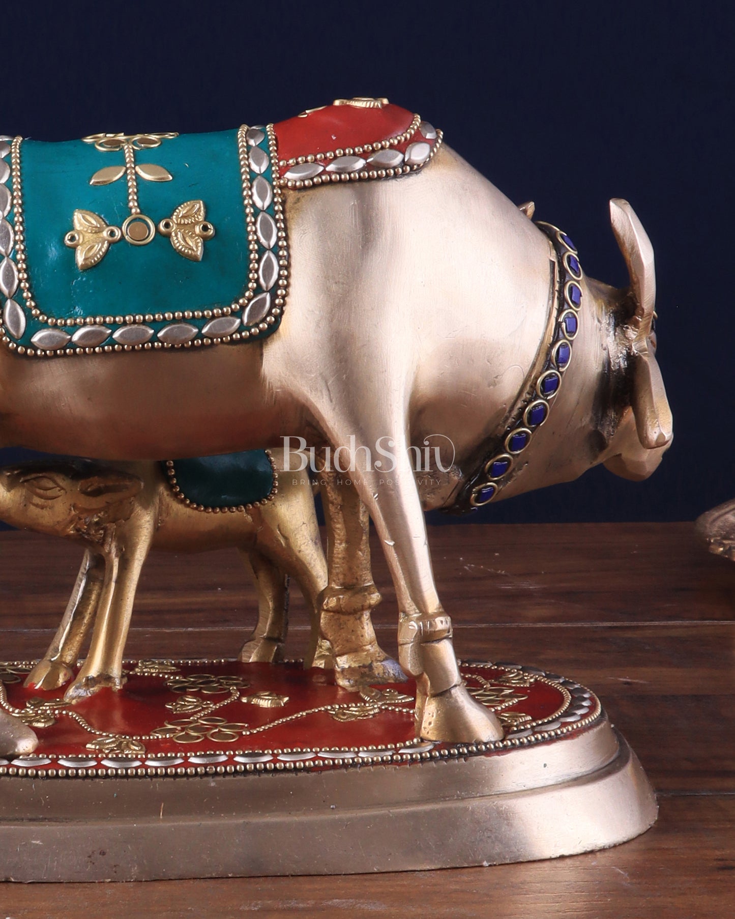 Pure Brass Kamdhenu Cow with Calf Statue - Meenakari Stonework, 8"