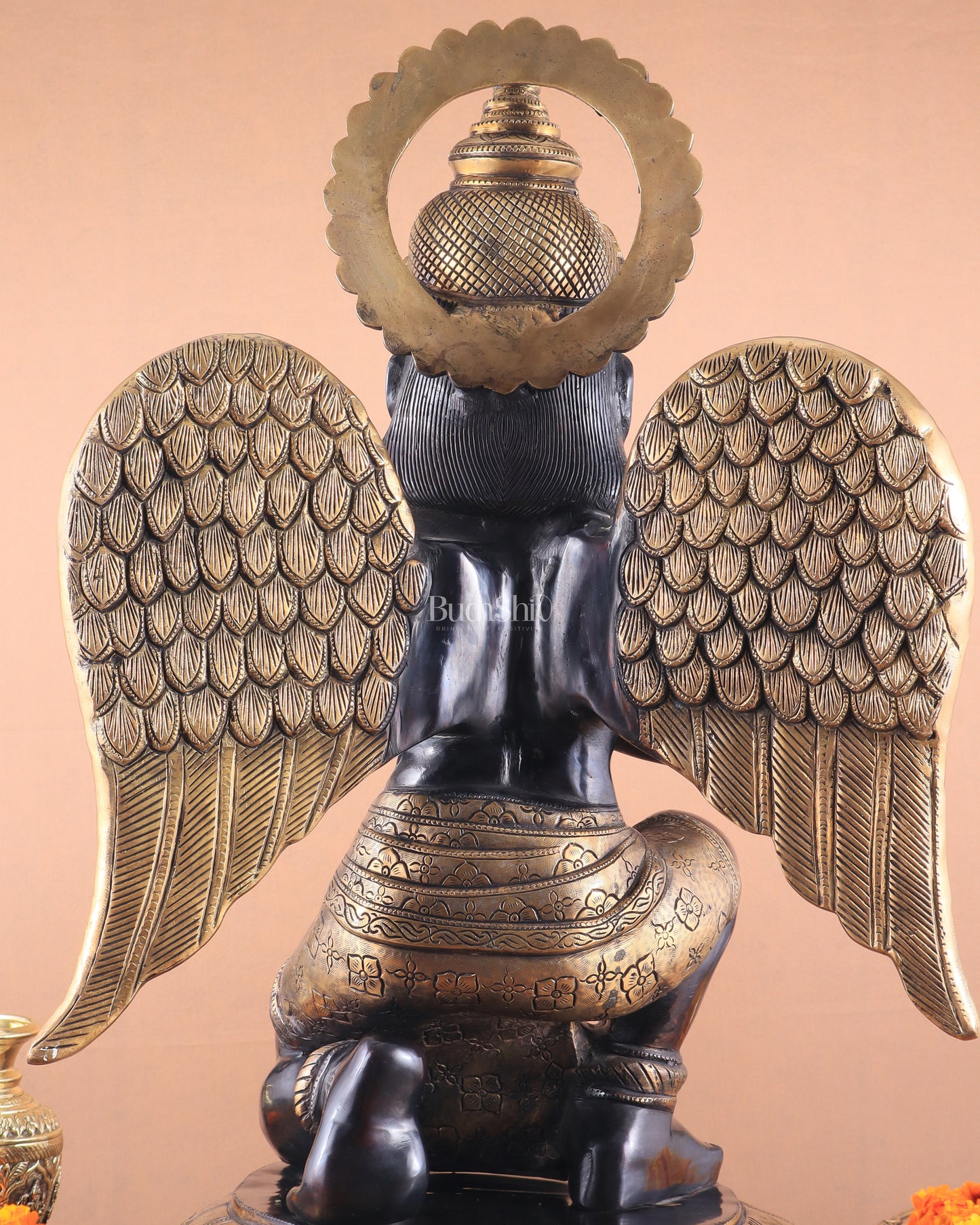 Grand Pure Brass Garuda Sculpture with Heat-Treated Vintage Black and Gold Finish - 28"