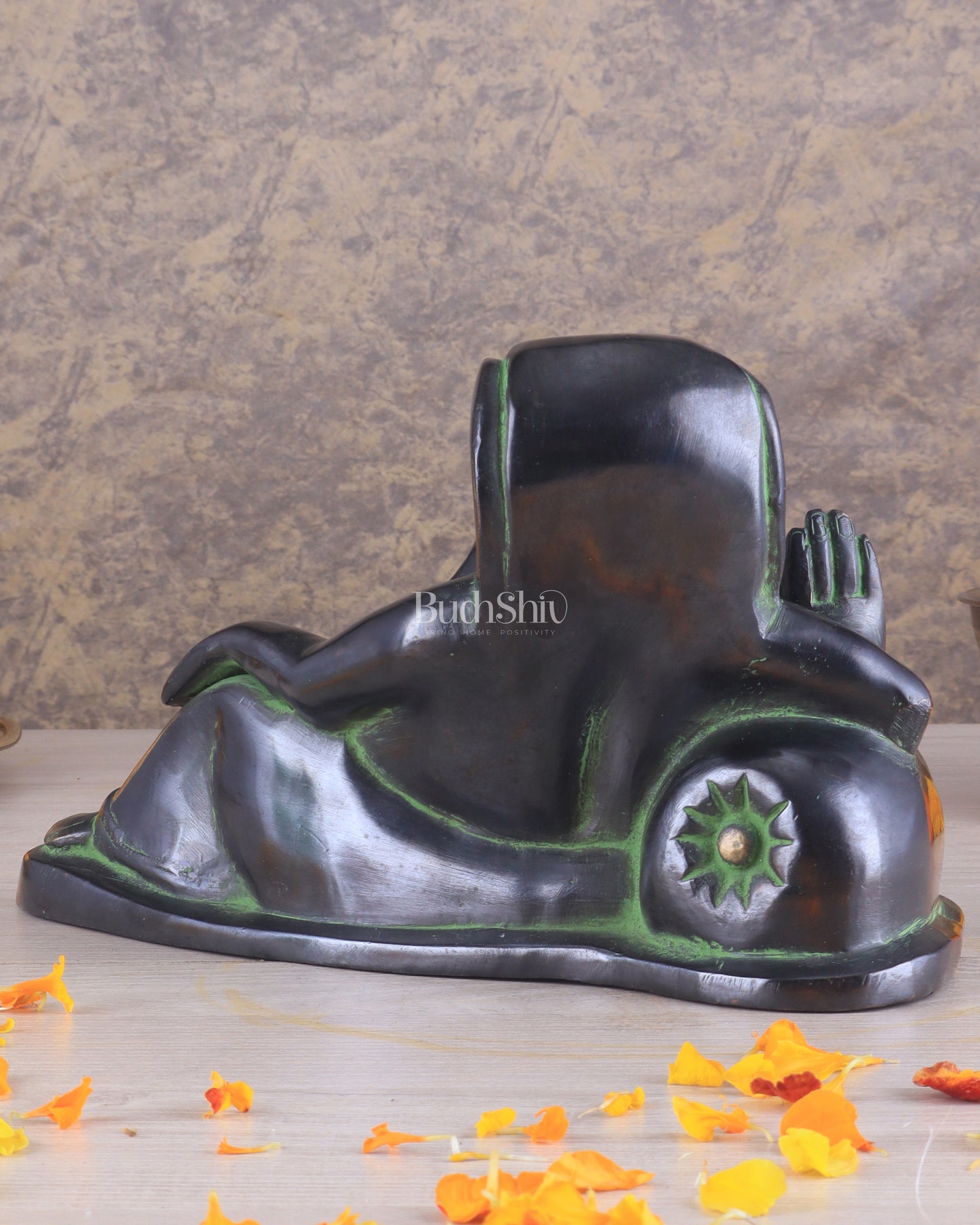 Pure Brass Handcrafted Modern Ganesha Statue in Resting Posture
Vintage Black and Green Tone 11 inch