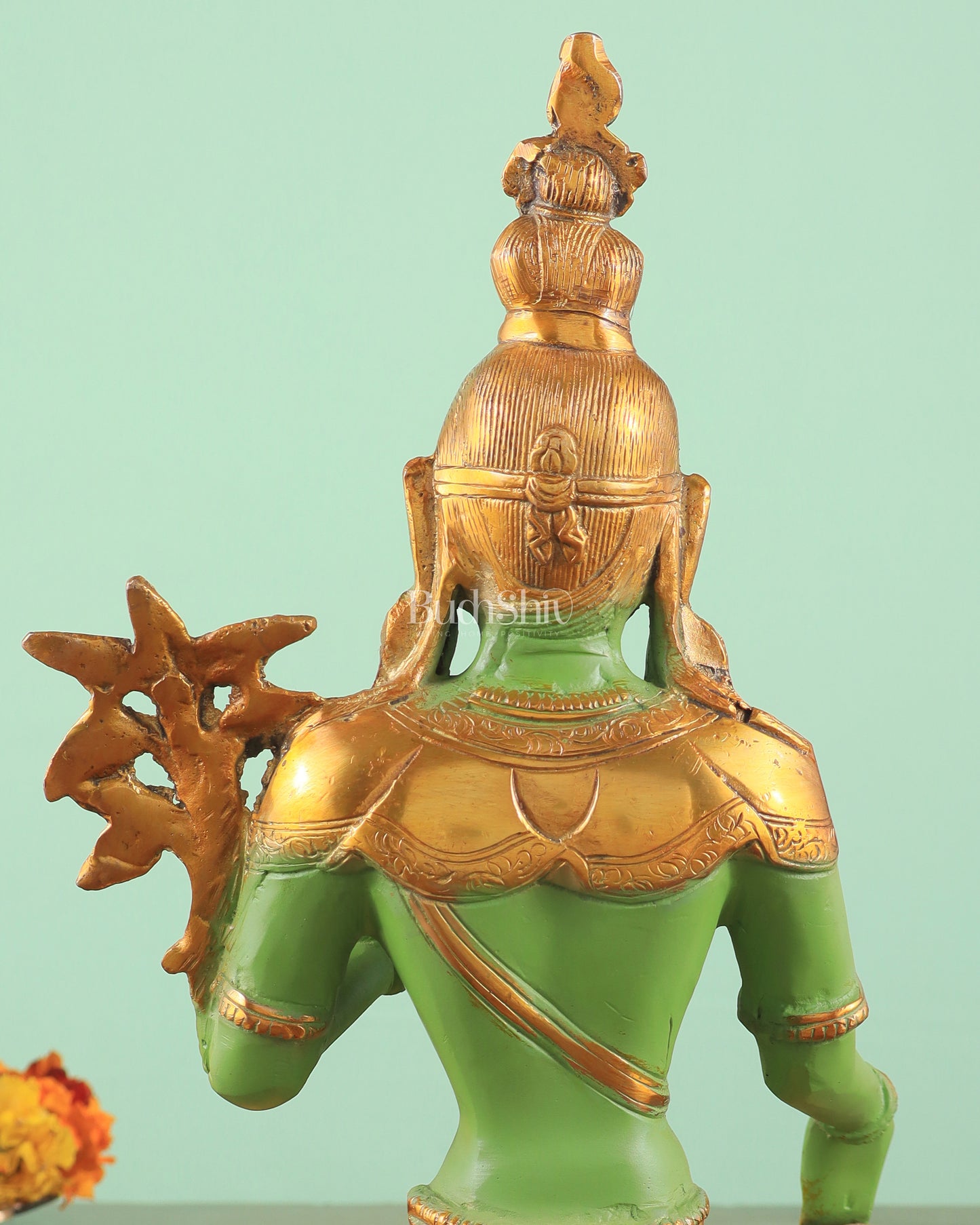 Pure Brass Green Tara Statue with Antique Sand Finish Henna Touch 10.5"