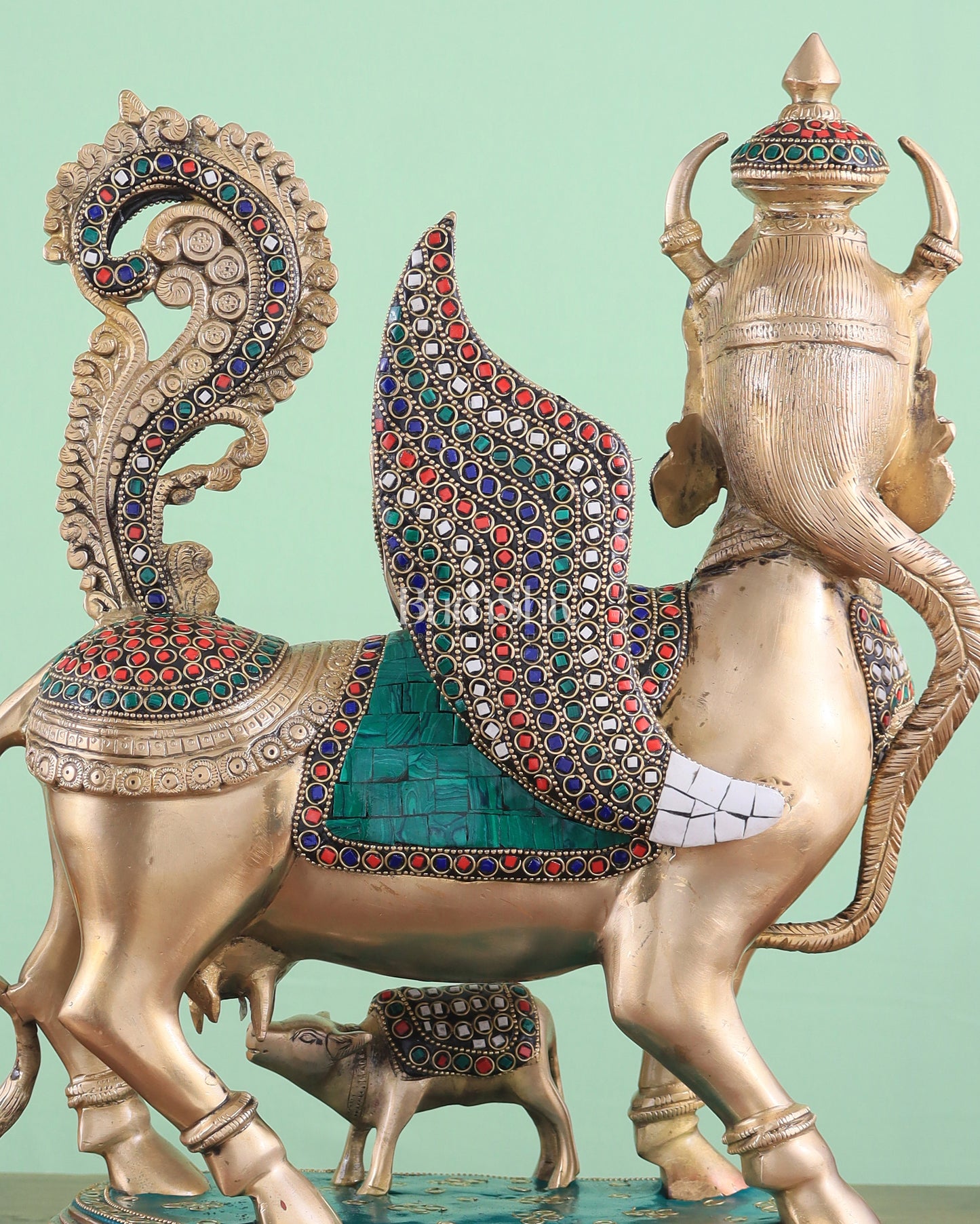 Exquisite Brass Kamdhenu Cow with calf Statue | 16.5" glossy