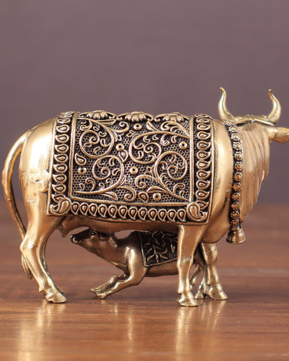 Pure Brass Kamdhenu Cow with Calf Idol - 3"