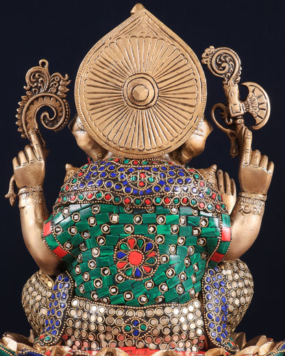 Pure Brass Ganesha on Lotus Idol 11 inch stonework